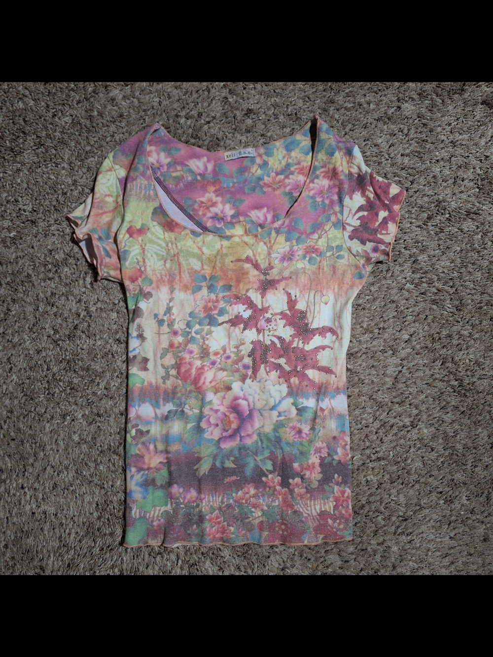Vintage Xcit U.S.A. Y2K Floral Rhinestone Graphic Tee S